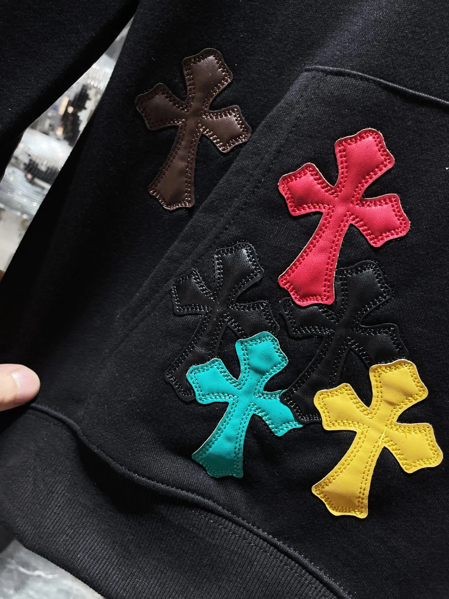 P276 Chrome Hearts Autumn and Winter 2025 Counter Synchronization Colorful cross patchwork leather Sanskrit hand-painted graffiti hooded sweatshirt Special customized version 1:1 high weight fabric Highest version Imported leather Recommended color: black gray Code number: S, M, L, XL
